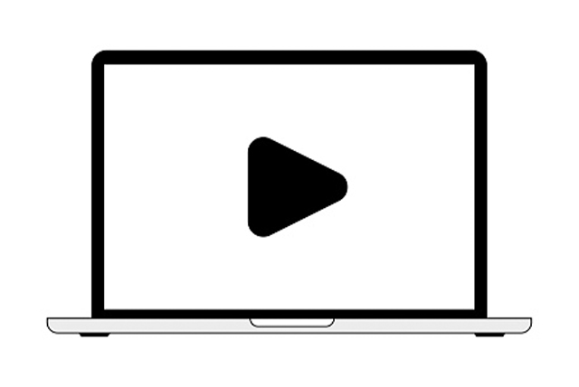 A laptop screen with a play button.