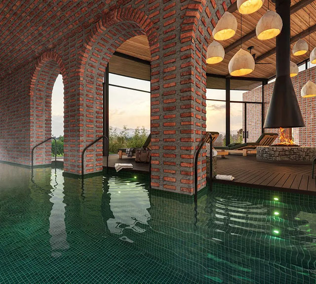 A luxurious saltwater lap pool and lounge area.