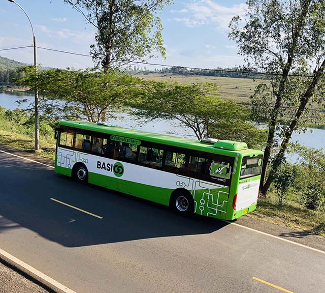 An electric passenger bus on the road.