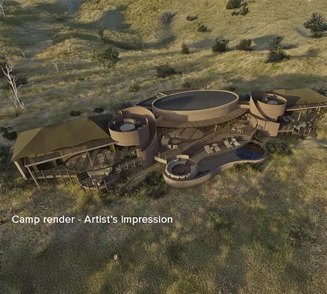 An aerial view of a luxury tented camp on a lakeshore inside Akagera National Park