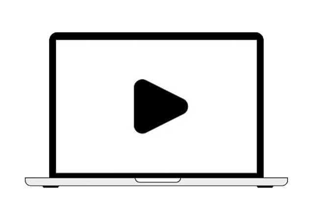 A laptop computer displaying a large play icon on the screen.